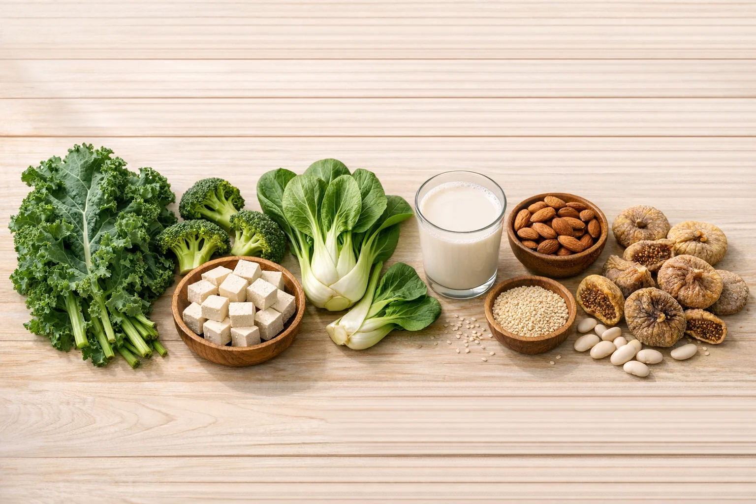 Calcium-rich plant-based foods including kale, broccoli, fortified plant milk, and tahini