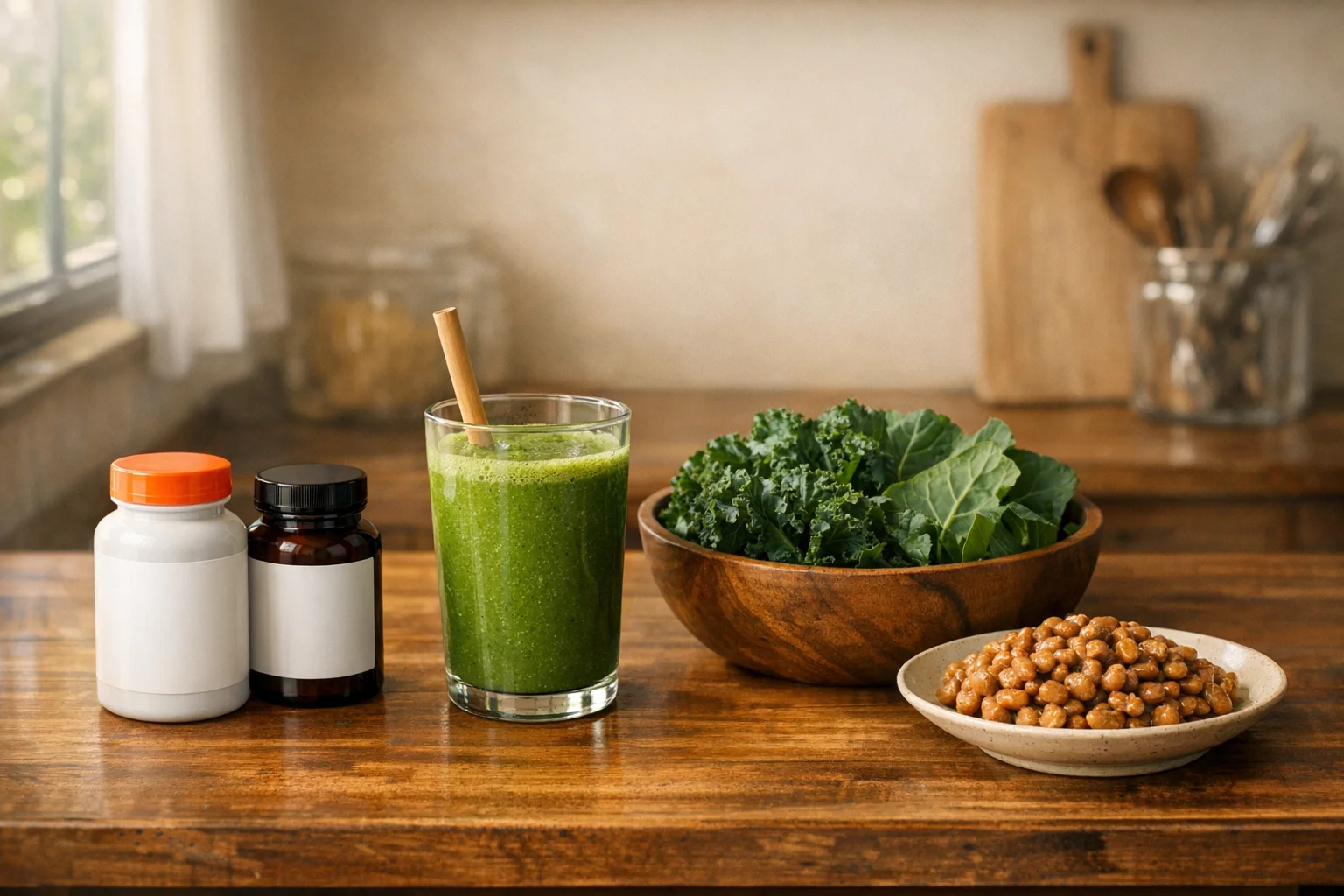 Bottles of vitamin D and K2 supplements alongside plant-based calcium sources