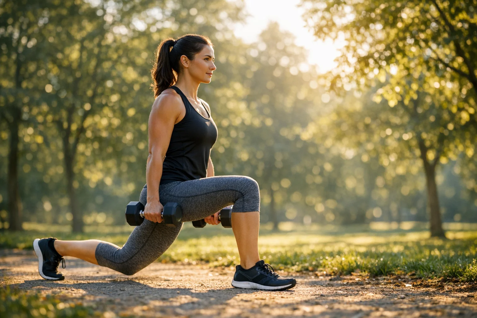 Person performing walking lunges with dumbbells outdoors in a park with morning sunlight