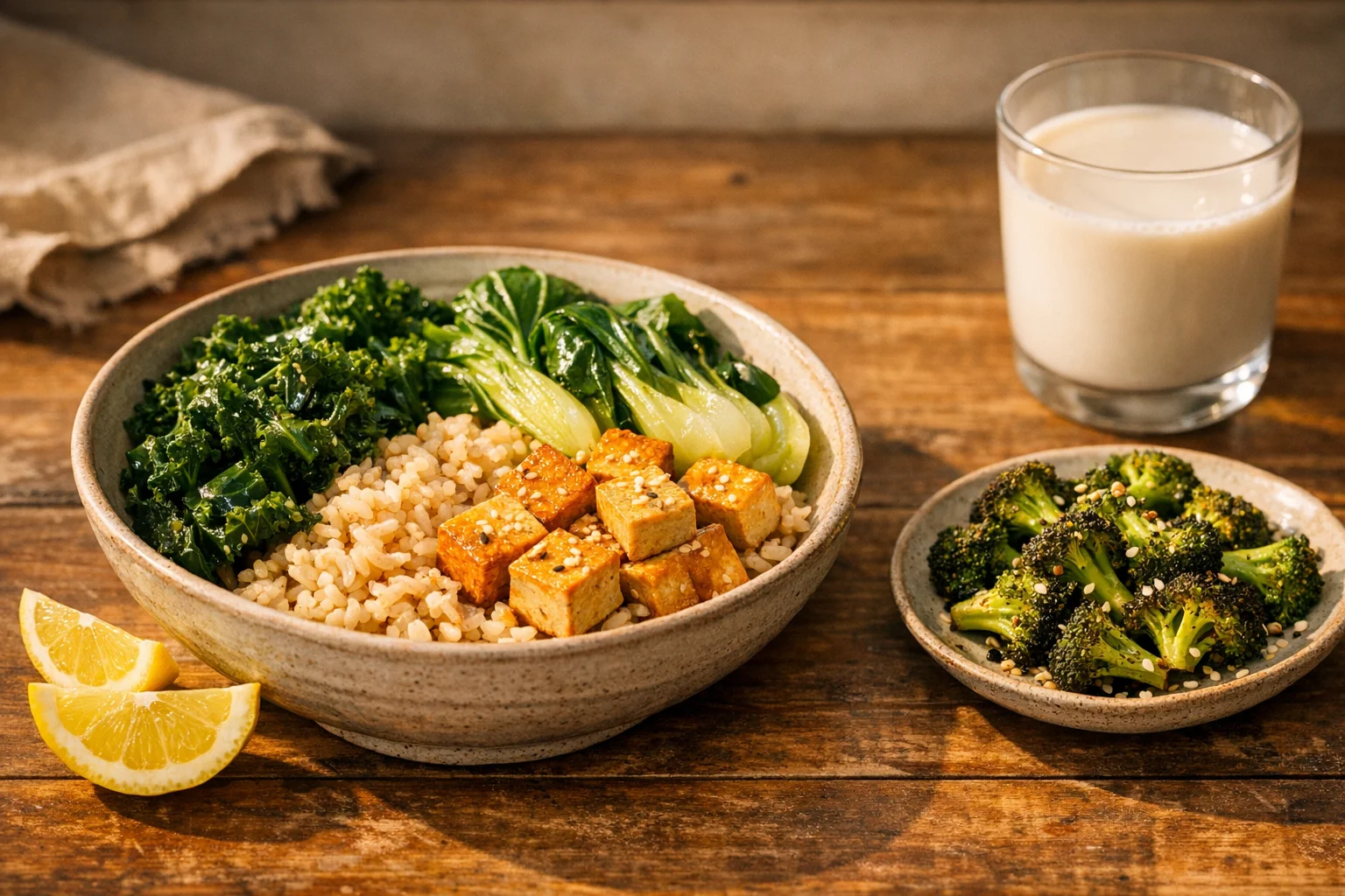 A vibrant plant-based meal with steamed kale bok choy and calcium-set tofu on a wooden table