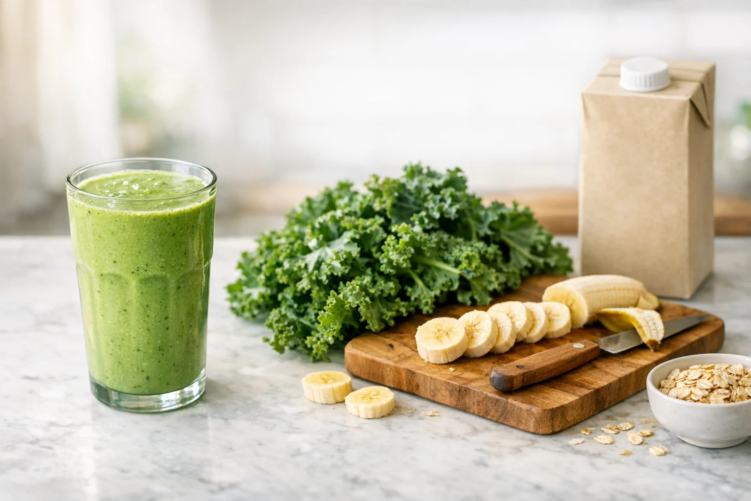 A creamy green smoothie with kale and fortified plant milk in a glass with fresh ingredients around it