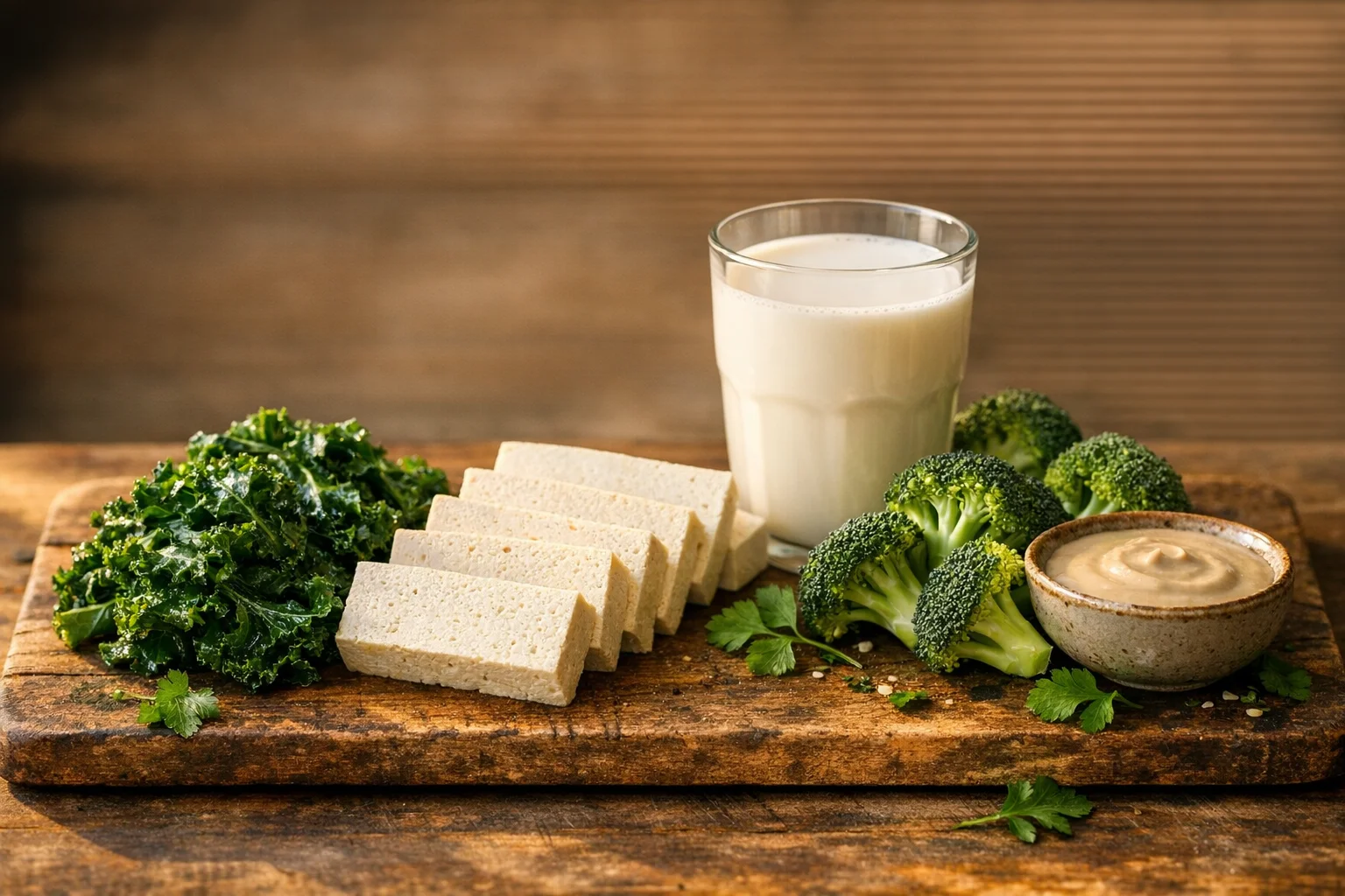 Calcium-rich plant foods including kale tofu fortified plant milk almonds and broccoli arranged on a marble surface