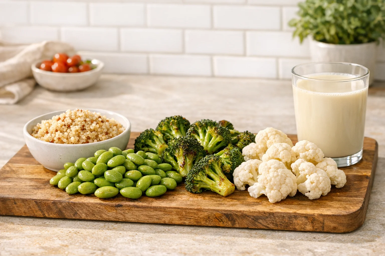 Choline-rich plant foods for pregnancy including soybeans, broccoli, quinoa, cauliflower, and soy milk