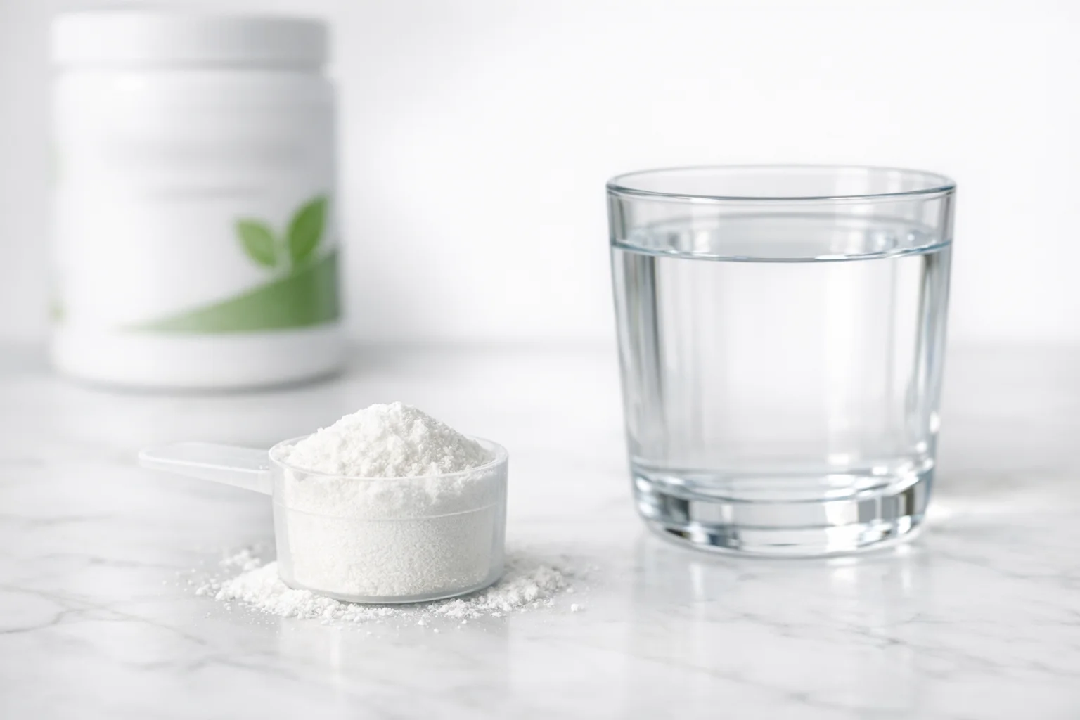 Creatine monohydrate powder in a scoop and vegan-certified supplement bottles