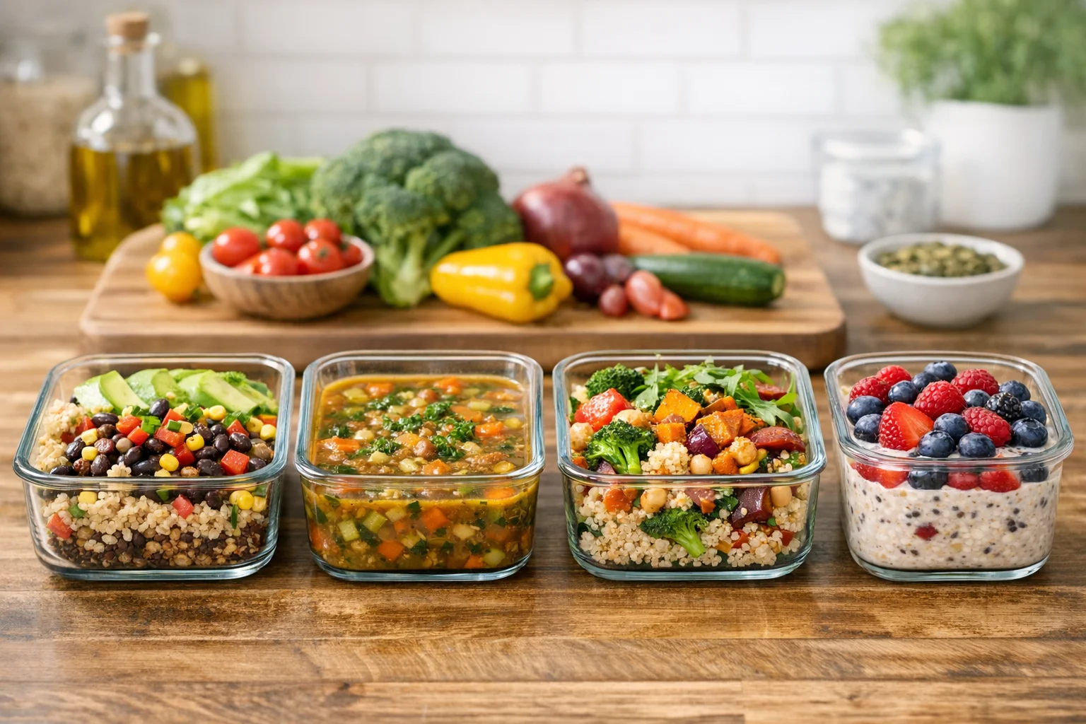 Colorful meal prep containers filled with fiber-rich plant-based meals and snacks