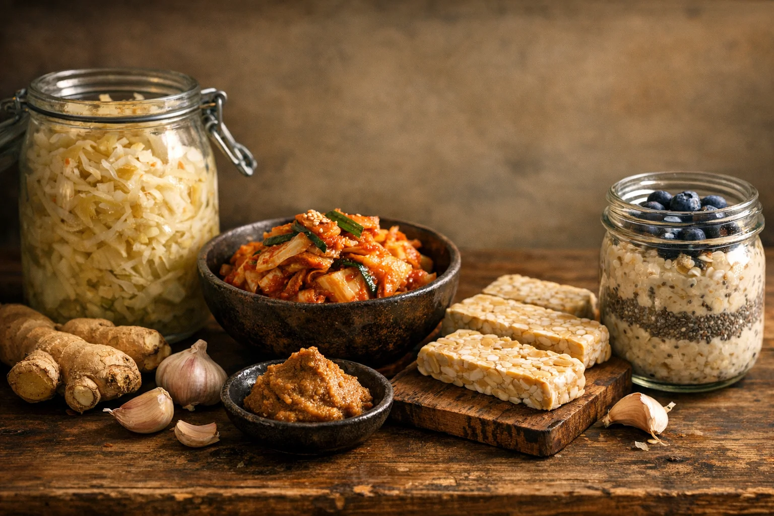 Fermented plant foods supporting gut microbiome health including kimchi, sauerkraut, and miso