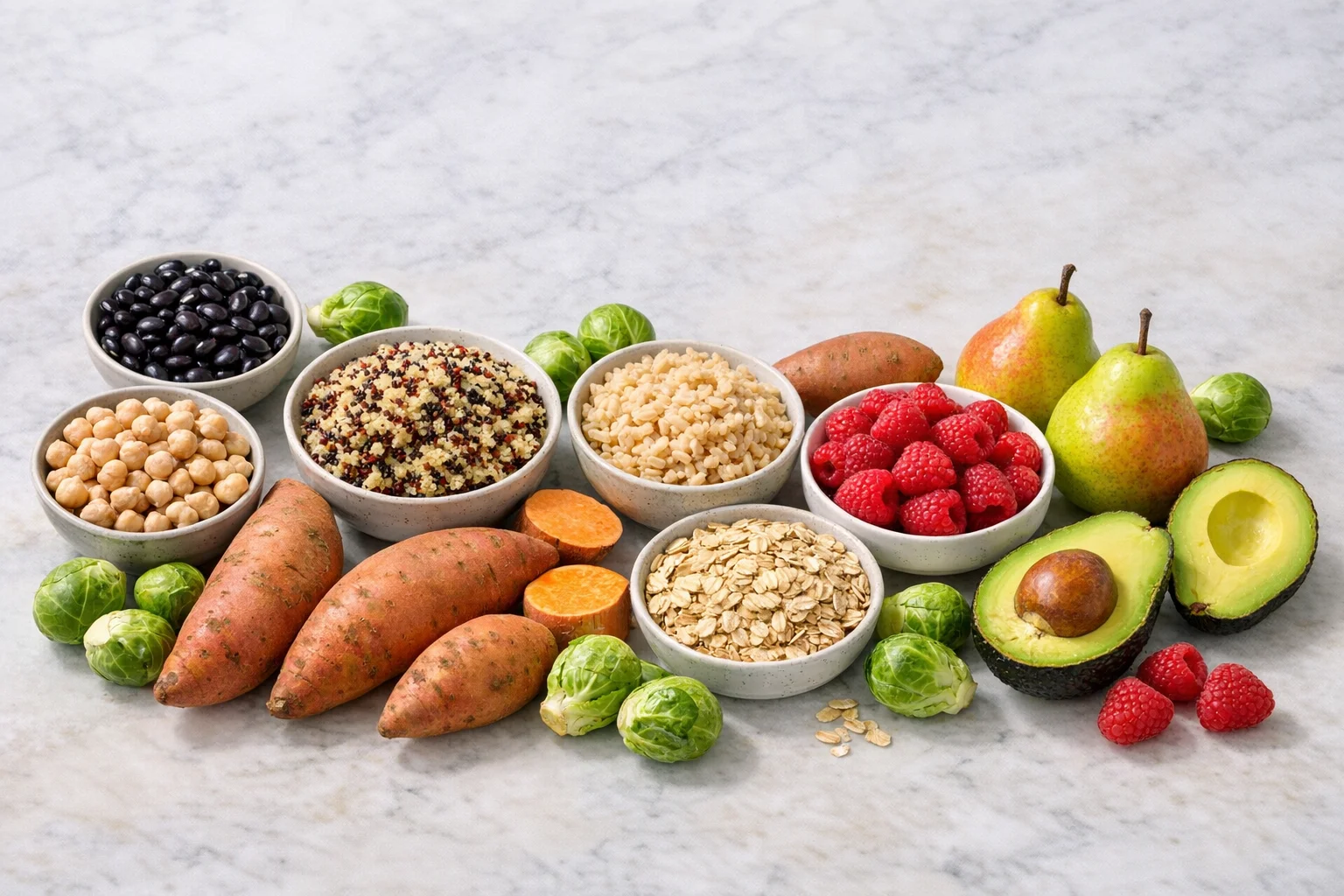 Colorful spread of high-fiber plant foods including beans, whole grains, fruits, and vegetables