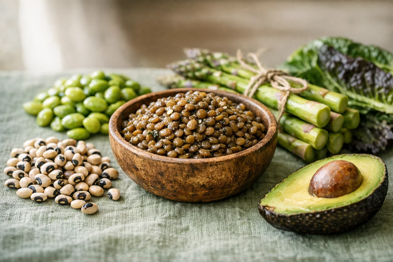 Colorful display of folate-rich plant foods including lentils, spinach, edamame, asparagus, and black beans arranged on a wooden table