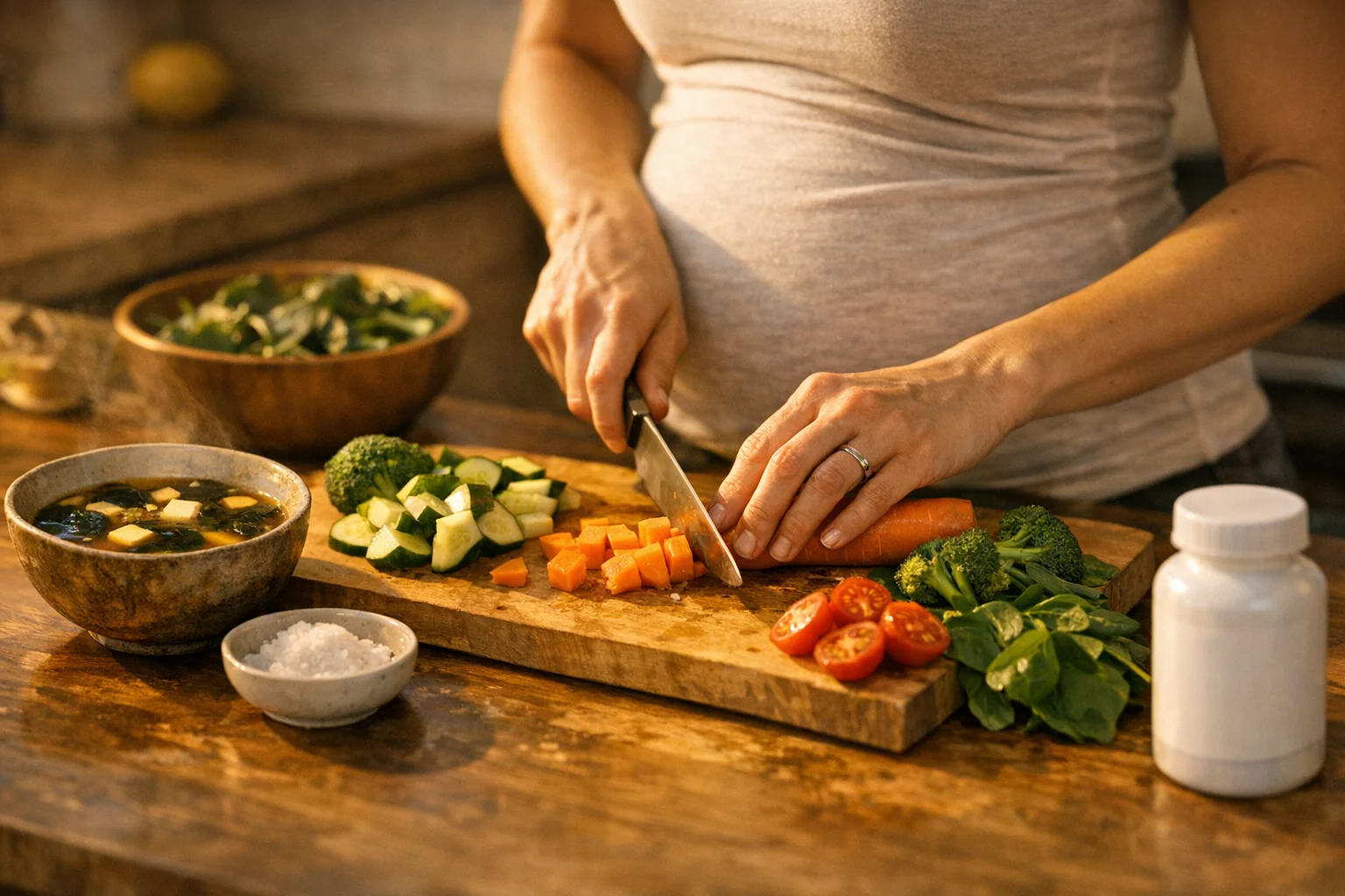 A pregnant woman preparing a healthy plant-based meal with nori seaweed and iodized salt for thyroid health
