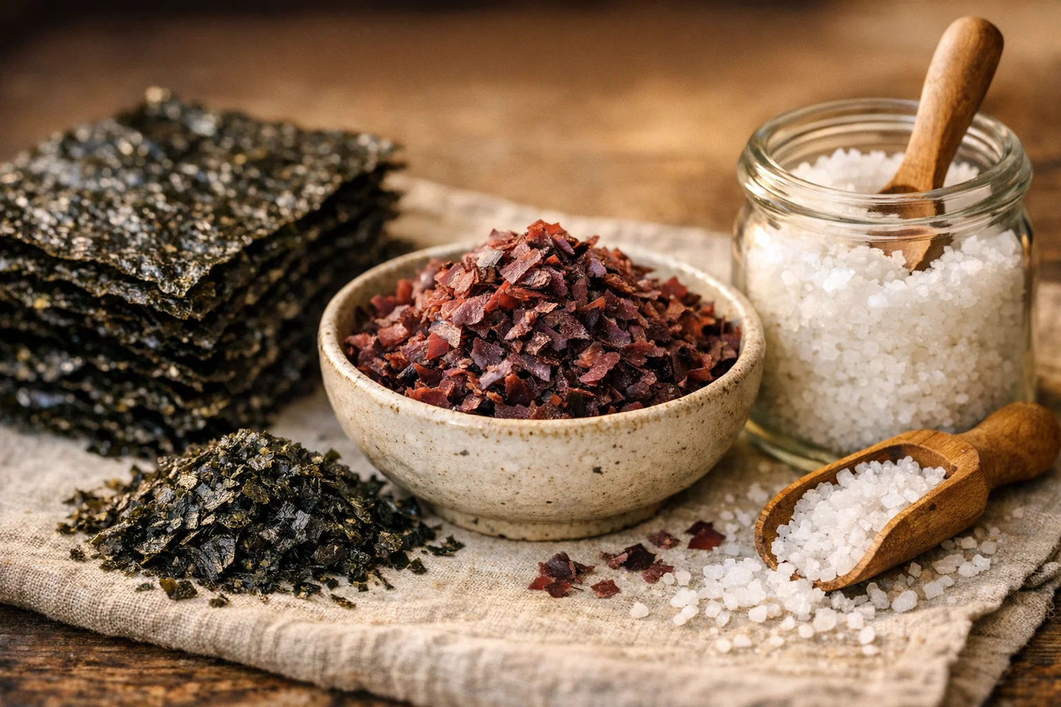 Plant-based iodine sources including nori sheets dulse flakes iodized salt and fortified plant milk on a kitchen counter