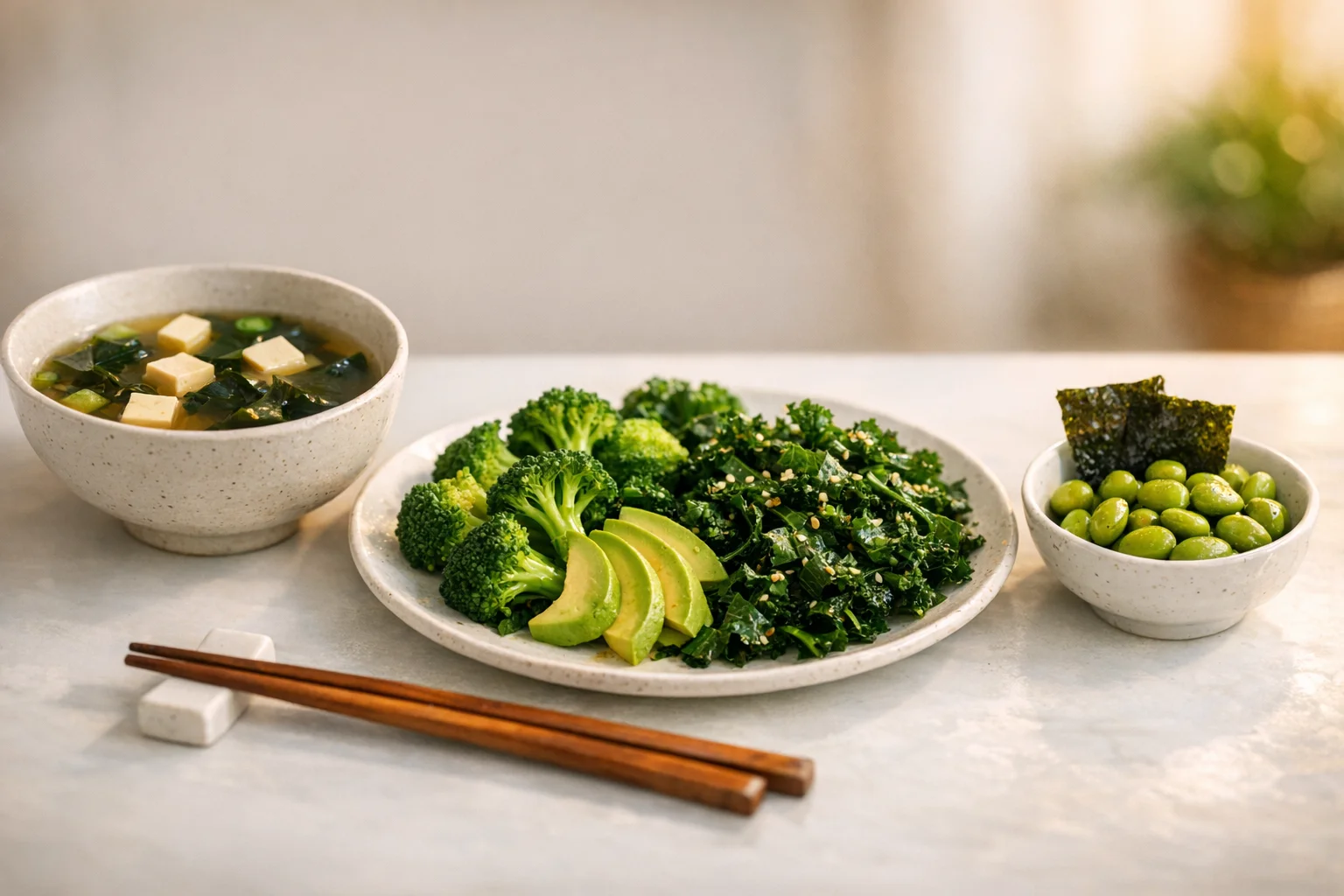 A healthy plant-based meal with sea vegetables nori tofu and steamed greens supporting thyroid health