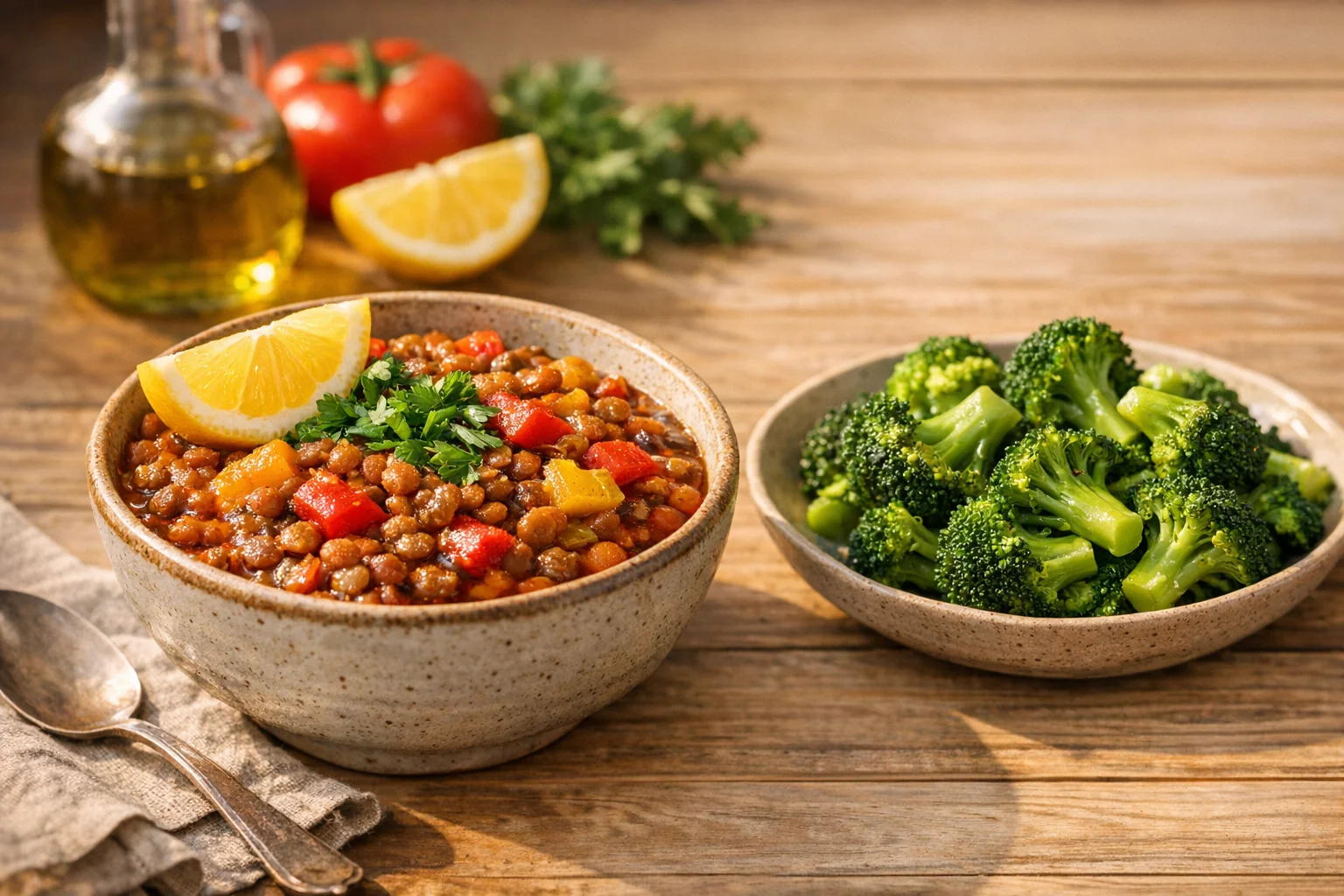 A colorful plant-based meal with lentils bell peppers lemon and leafy greens showing iron and vitamin C pairing
