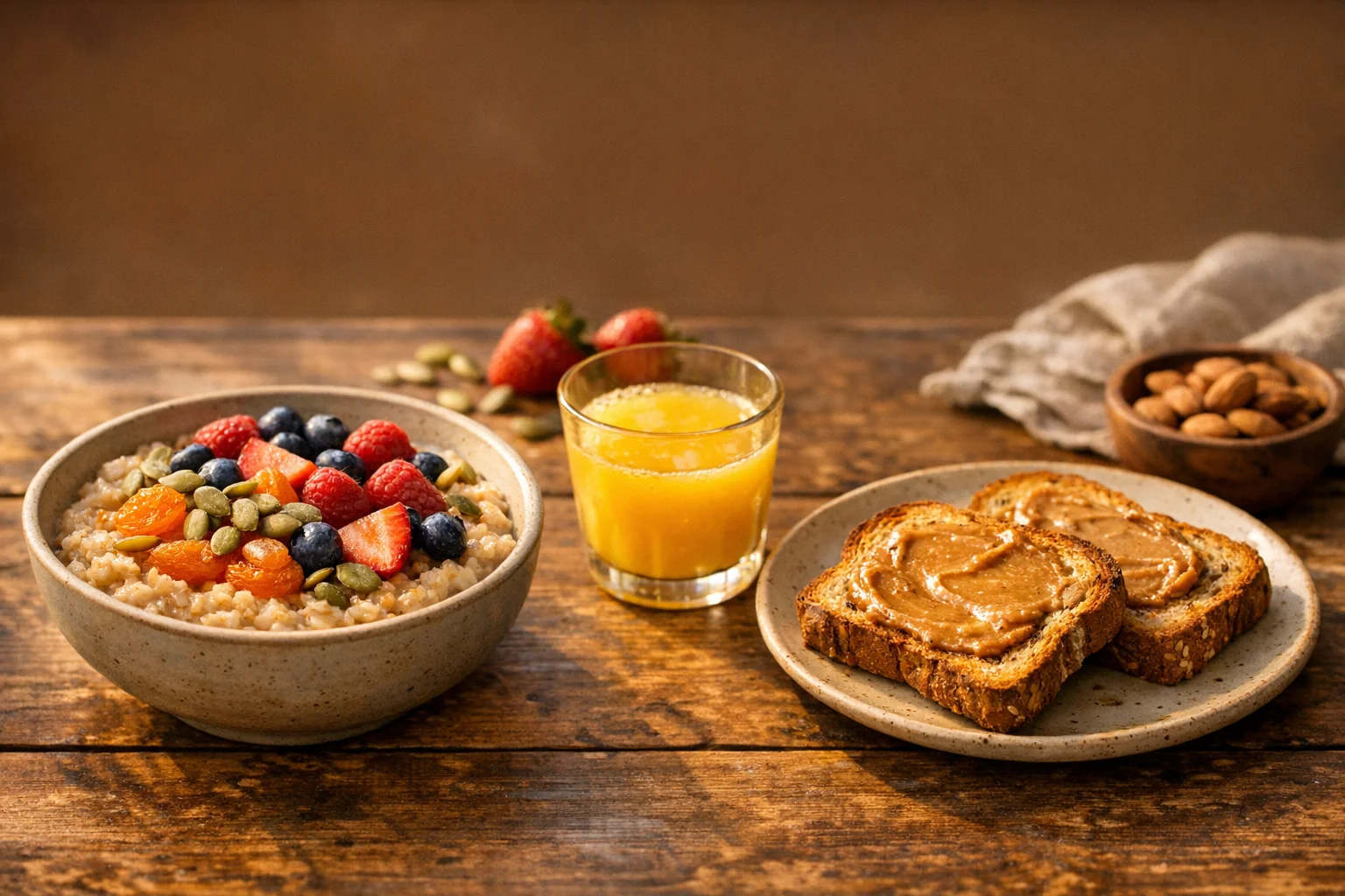 A hearty iron-rich plant-based breakfast with fortified oatmeal pumpkin seeds and dried apricots topped with berries