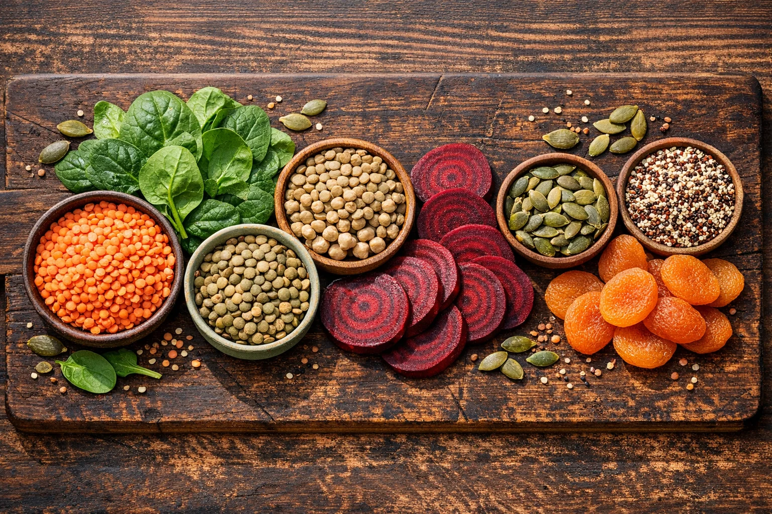 Iron-rich plant foods including lentils spinach tofu pumpkin seeds and dark chocolate arranged on a dark surface