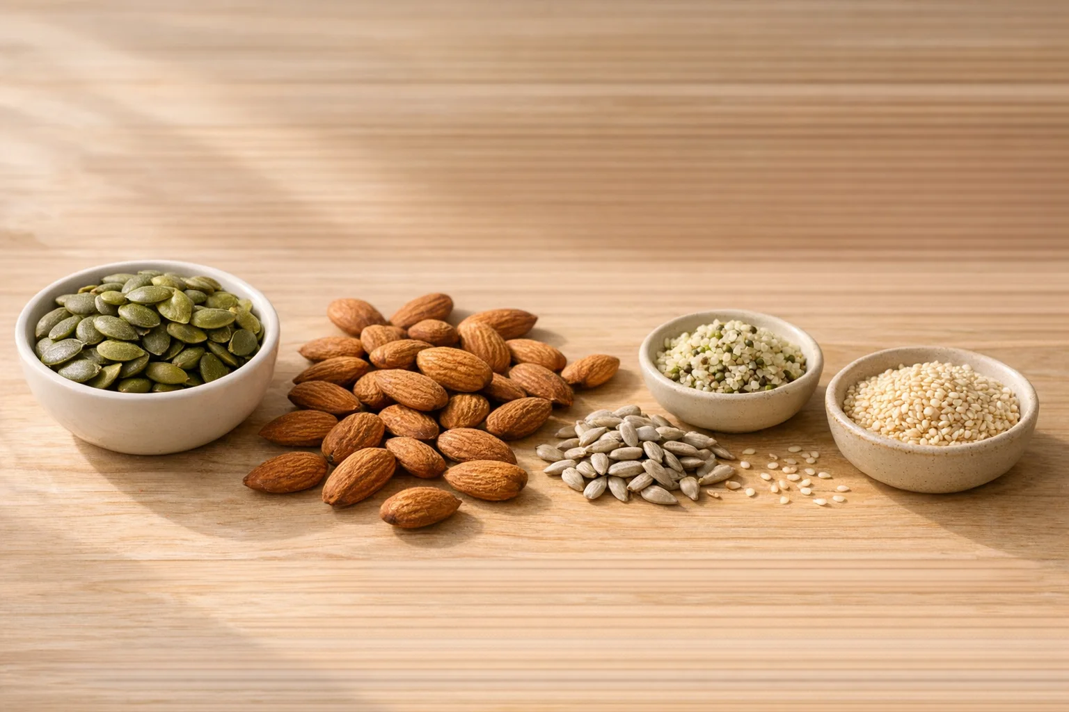 Variety of nuts and seeds including almonds, pumpkin seeds, sesame seeds, and hemp seeds arranged on a light background