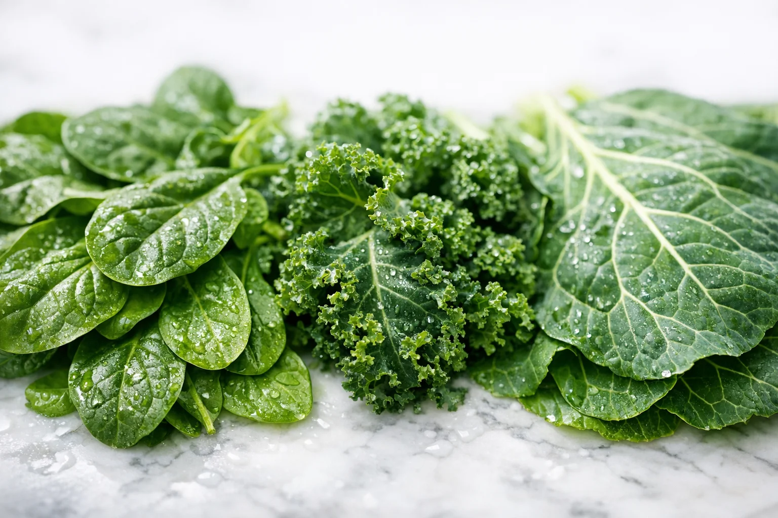 Close-up of dark leafy greens including spinach, kale, and collards rich in magnesium