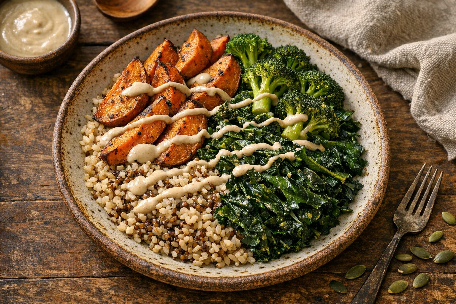 Nourishing whole grain bowl with quinoa, millet, brown rice, and roasted vegetables