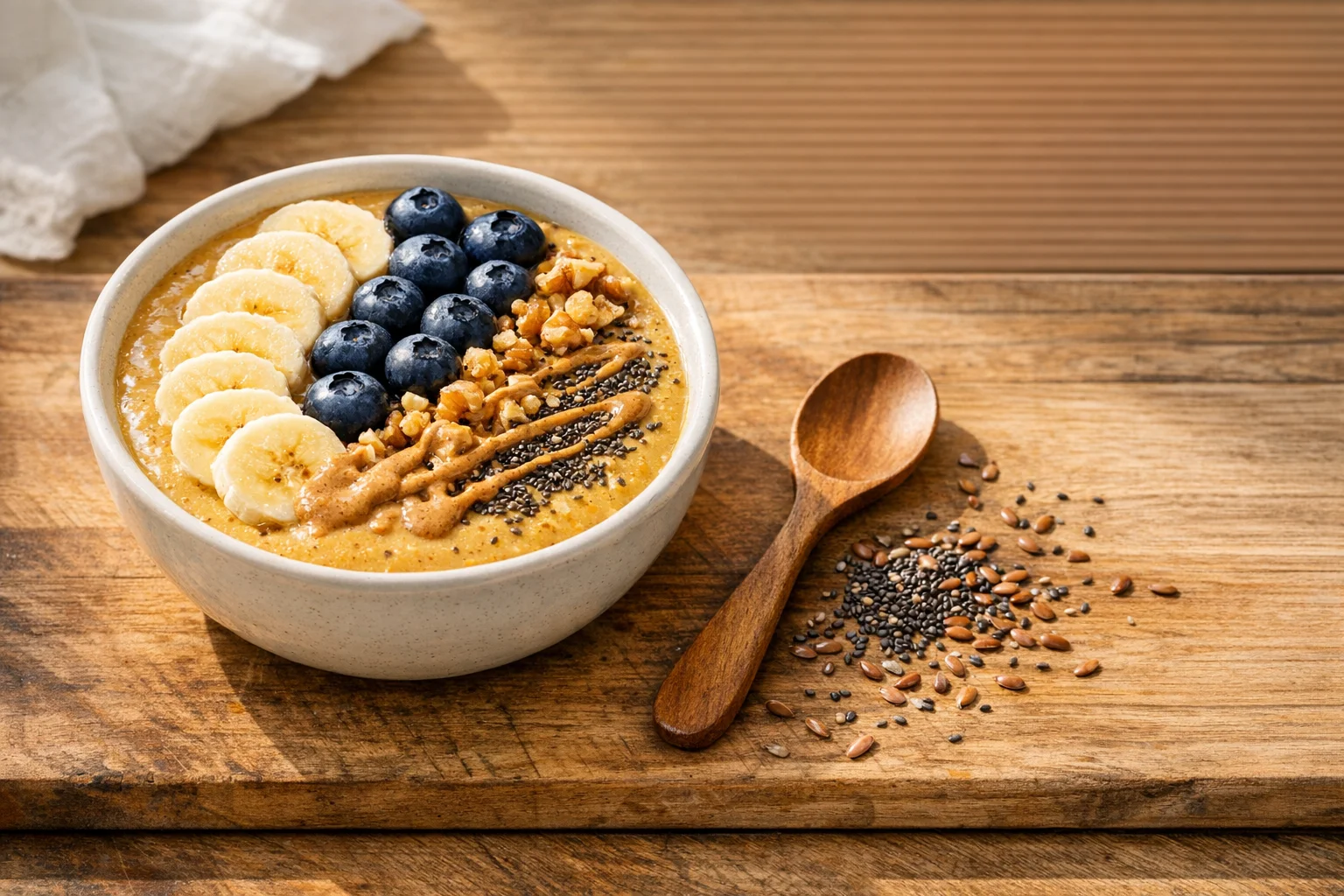 Golden flaxseed smoothie bowl topped with walnuts chia seeds and fresh berries as a plant-based omega-3 rich breakfast
