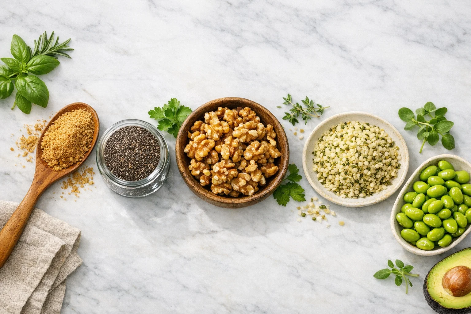 Colorful spread of omega-3 rich plant foods including flaxseeds chia seeds walnuts and hemp hearts on a wooden board