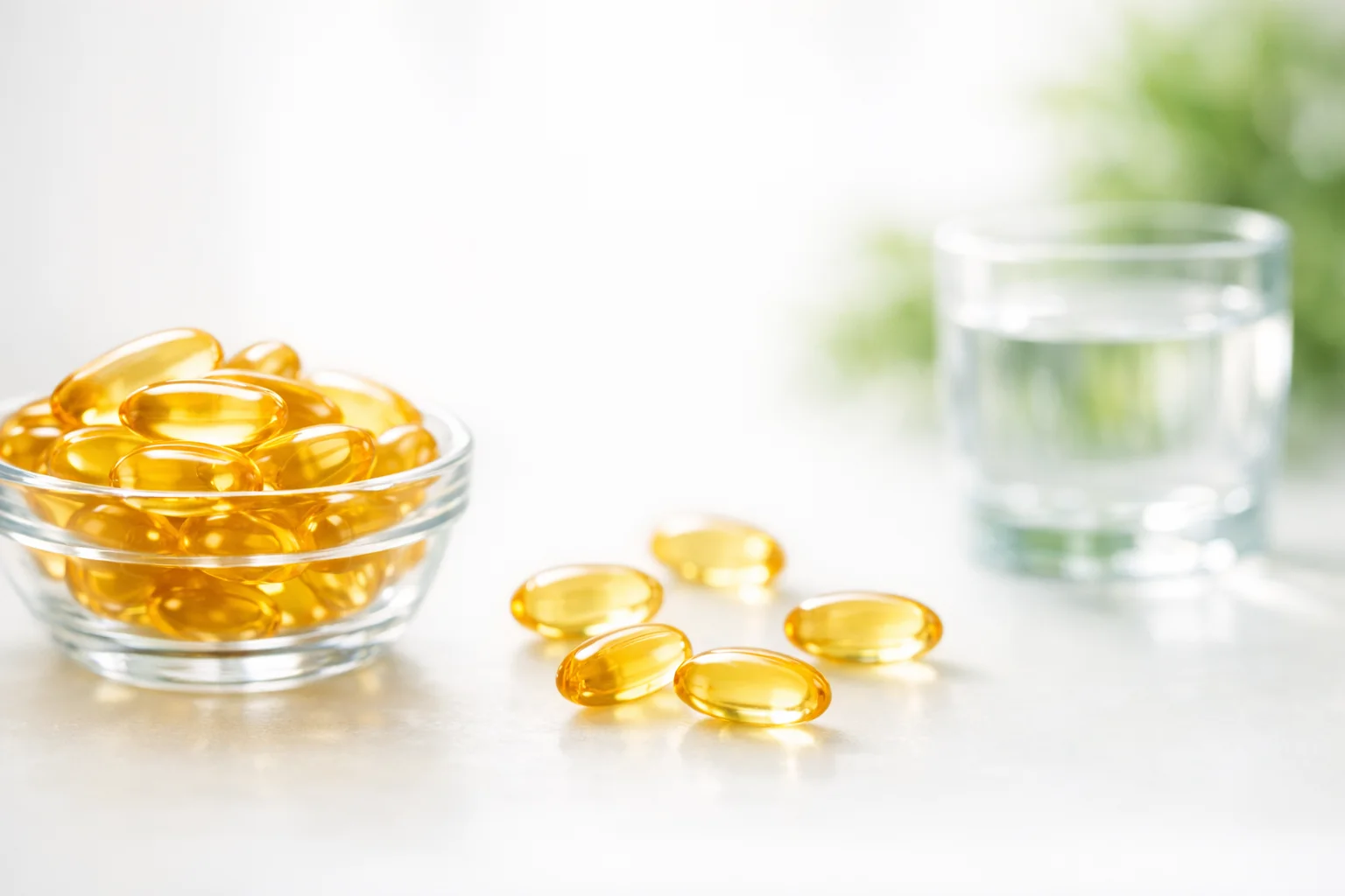 Algae-based omega-3 supplement capsules in a glass bowl next to fresh green spirulina and microalgae