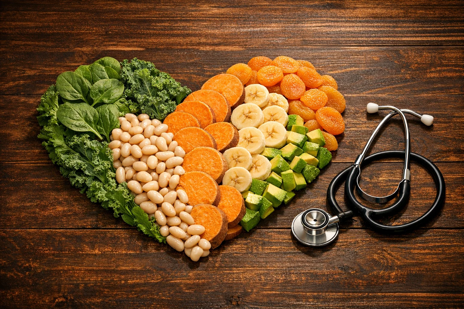 Heart-shaped arrangement of potassium-rich plant foods supporting cardiovascular health