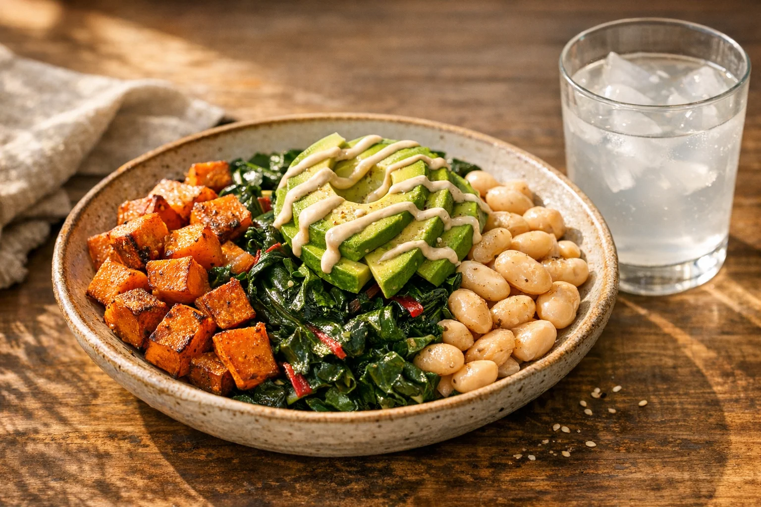 Nourishing plant-based bowl with sweet potato, leafy greens, and white beans rich in potassium