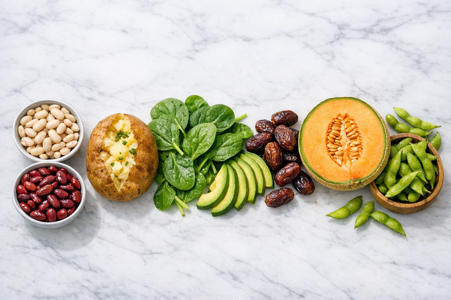 Colorful spread of potassium-rich plant foods including sweet potatoes, white beans, leafy greens, and avocado