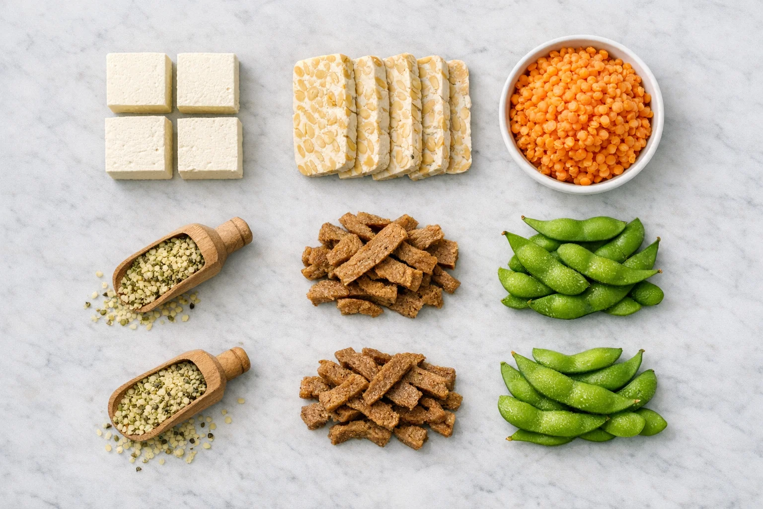 Diverse plant protein sources including tofu, tempeh, lentils, seitan, edamame, and hemp seeds arranged on a marble surface