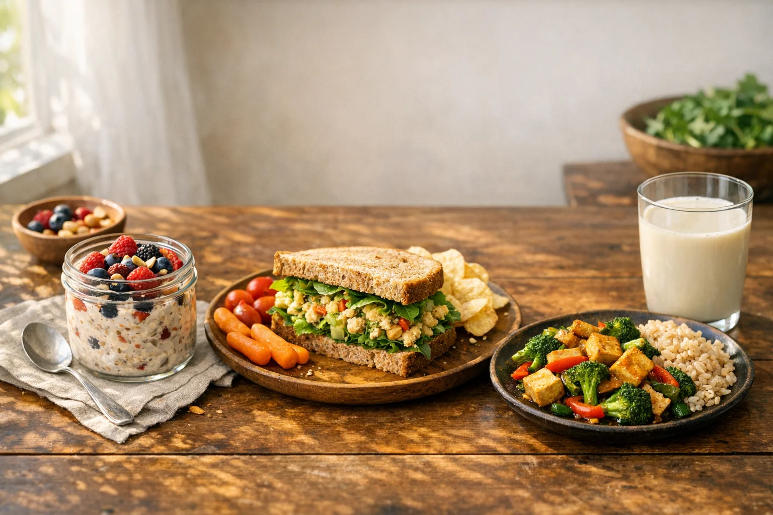 Full day of plant-based high-protein meals including overnight oats, chickpea salad, and tofu stir-fry