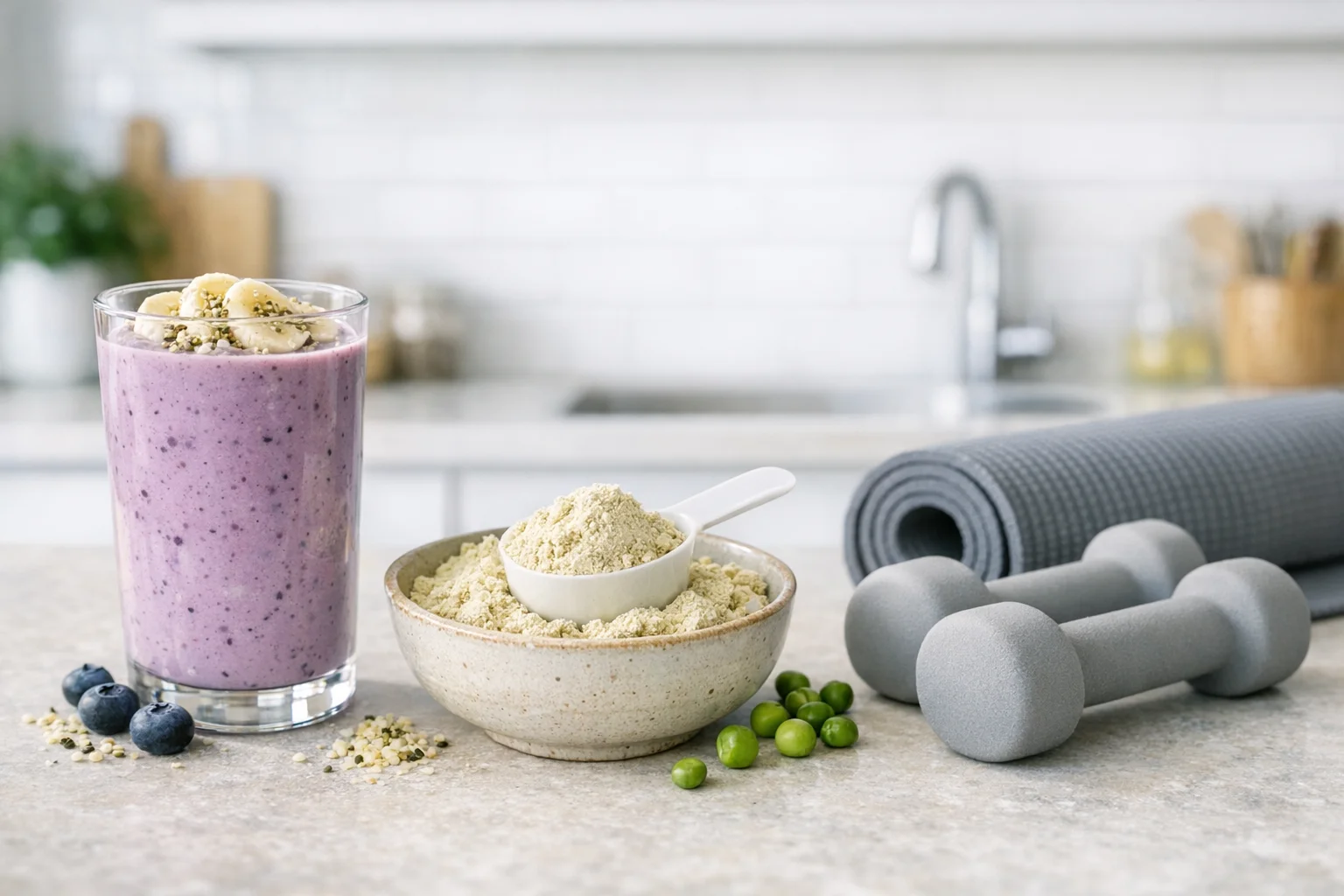 A post-workout plant-based protein smoothie with banana hemp seeds and pea protein powder next to dumbbells