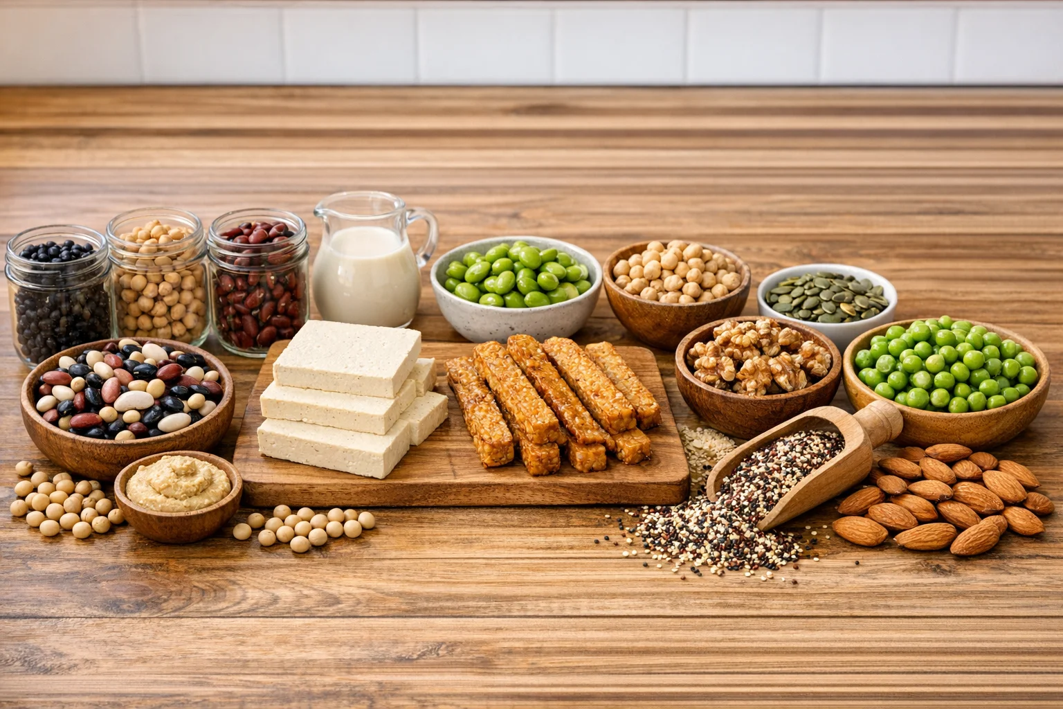 Variety of high-protein plant foods including tofu lentils chickpeas edamame quinoa and tempeh on a kitchen counter