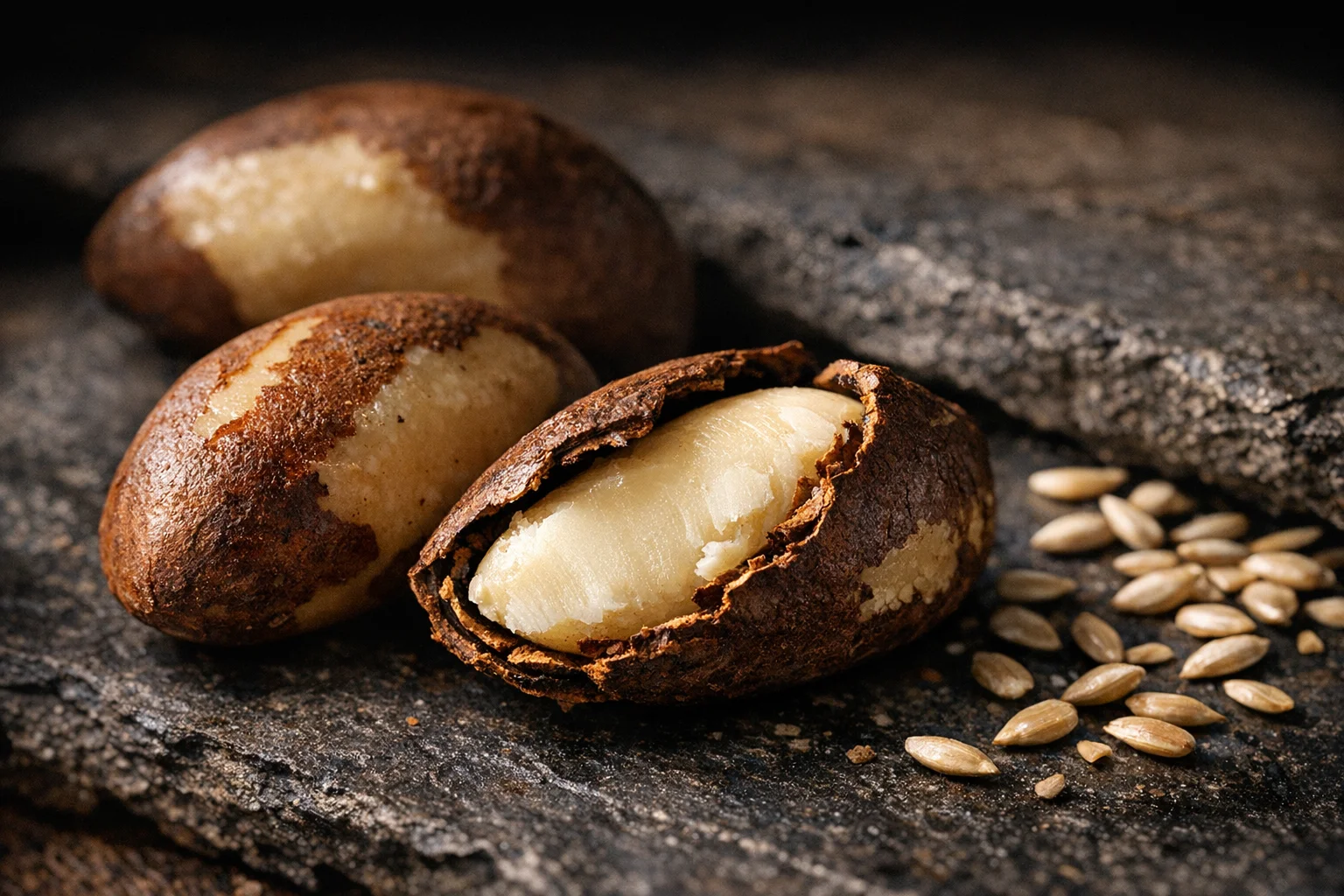 Close-up photograph of Brazil nuts showing their natural cream color and distinctive ridged texture