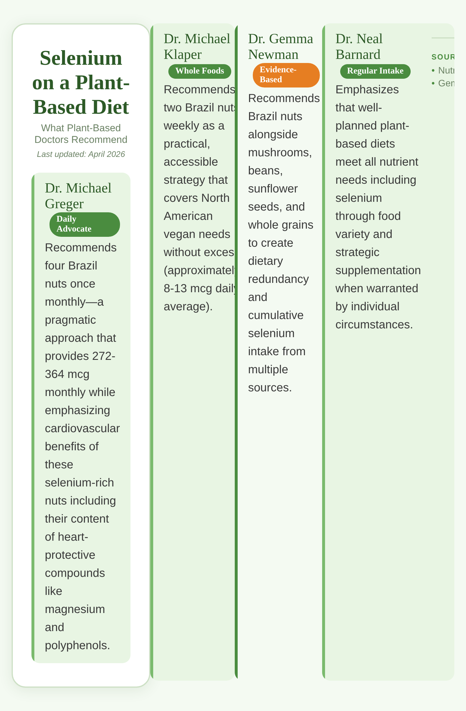 Infographic showing selenium recommendations from plant-based doctors including Dr. Greger, Dr. Fuhrman, and Dr. Klaper