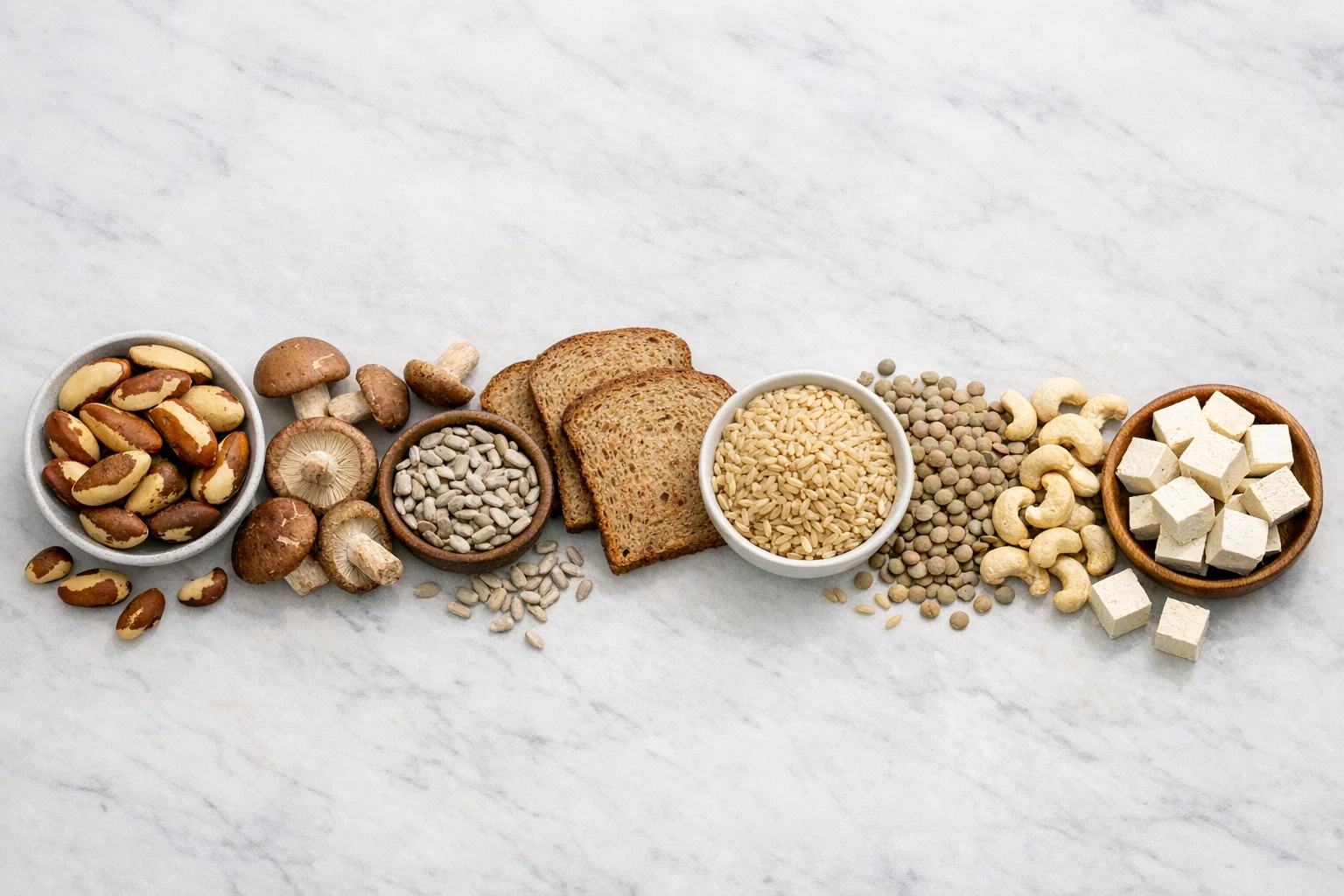 Artistic arrangement of selenium-rich plant foods including Brazil nuts, sunflower seeds, mushrooms, and whole grains on a wooden surface