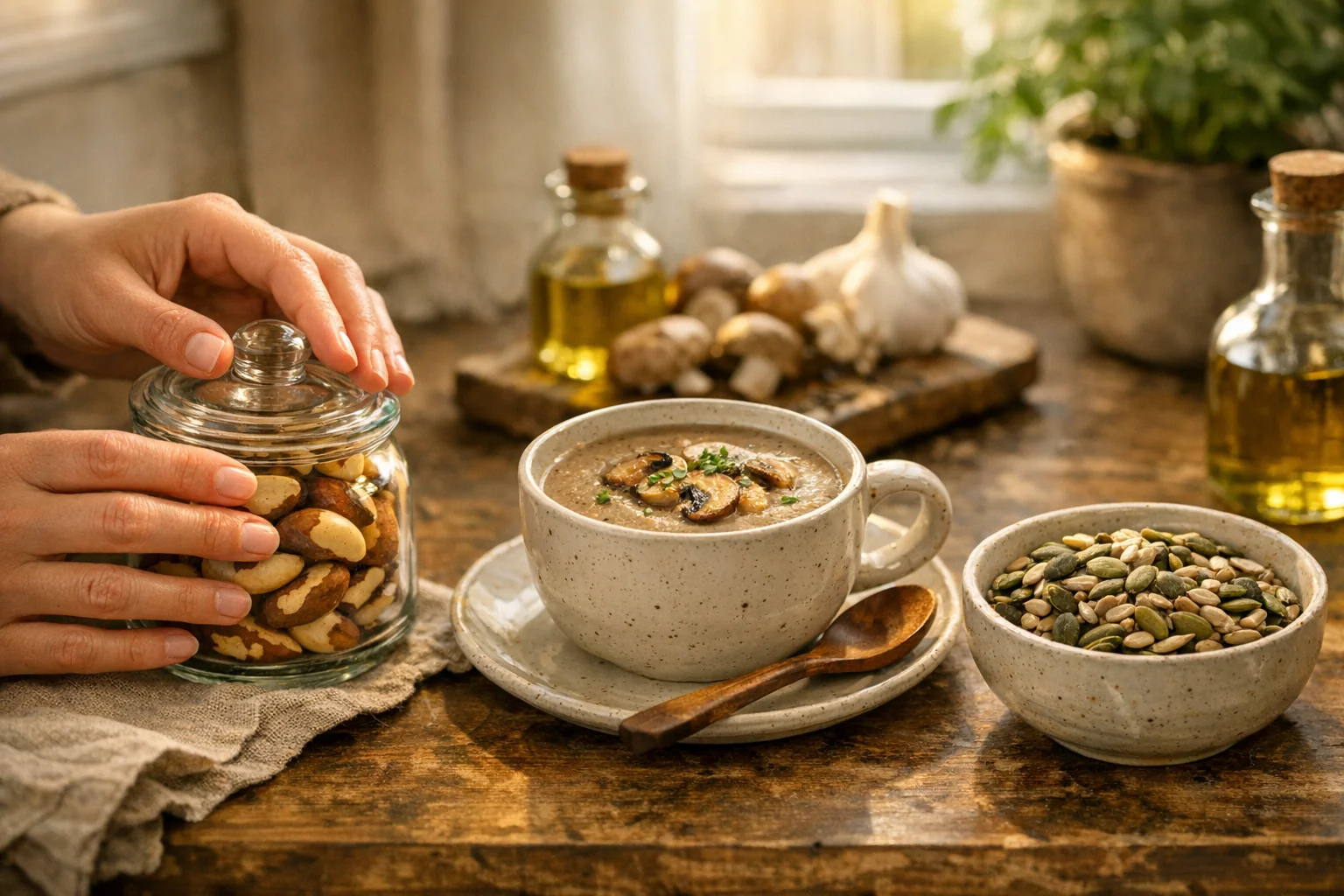 Beautifully arranged assortment of selenium and iodine-rich plant foods supporting thyroid health