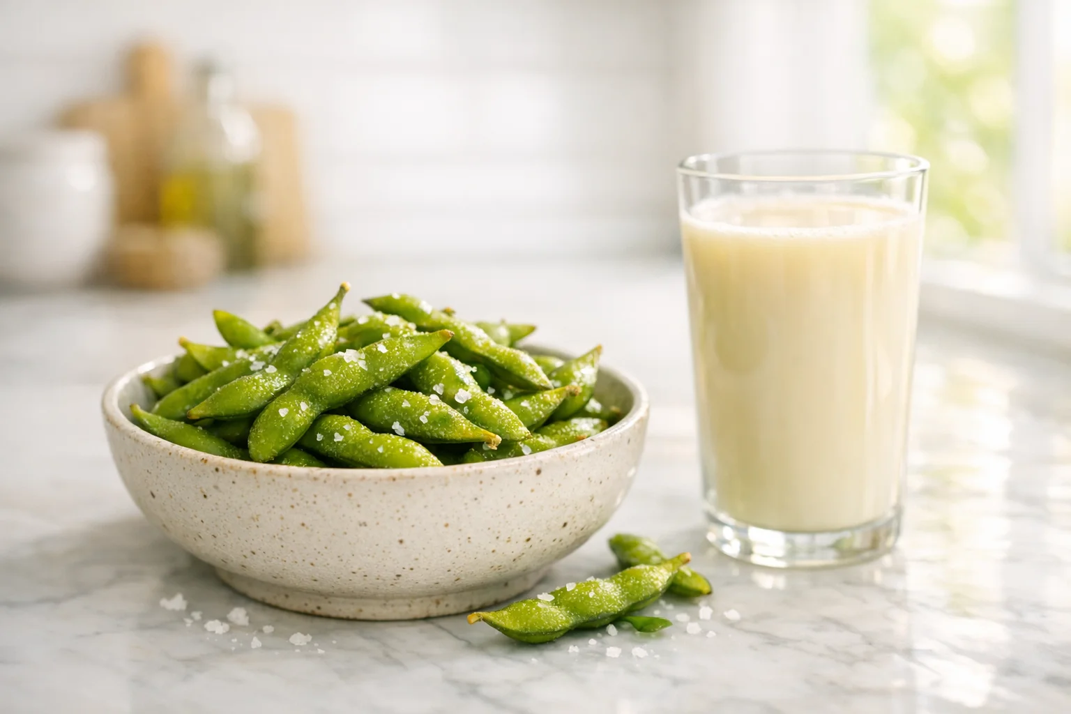 Bowl of steamed edamame with sea salt next to a glass of soy milk in a bright modern kitchen setting