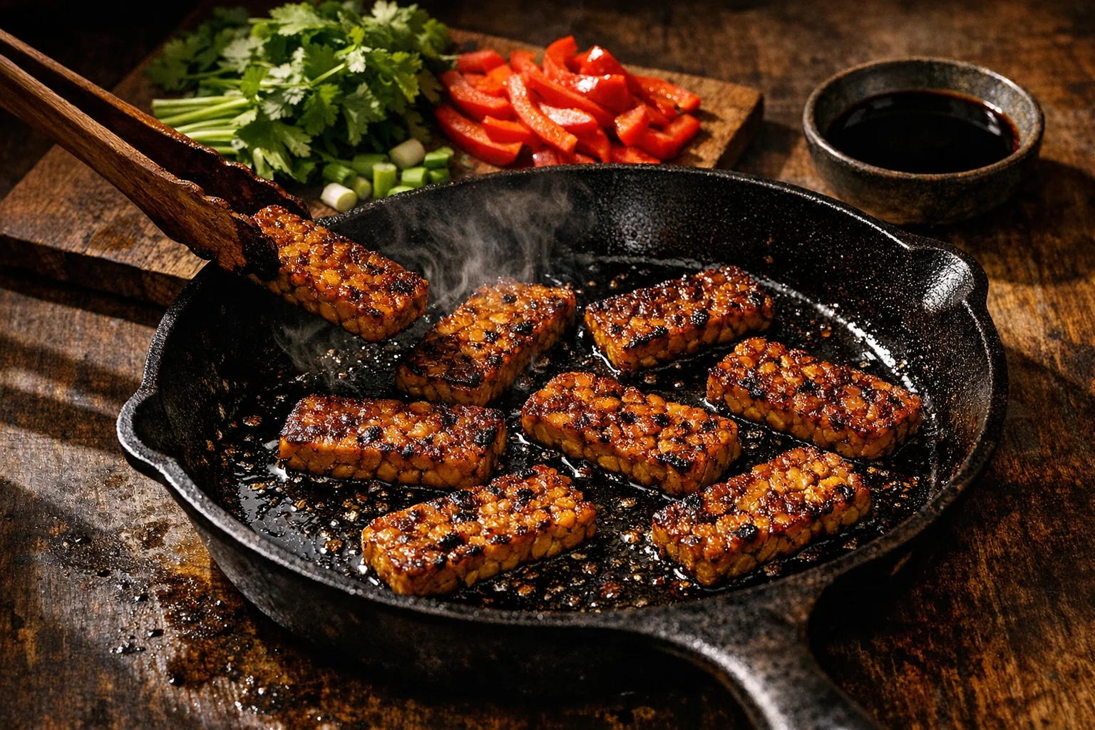 Sliced golden-brown tempeh being prepared in a cast iron skillet with fresh herbs and vegetables on a cutting board