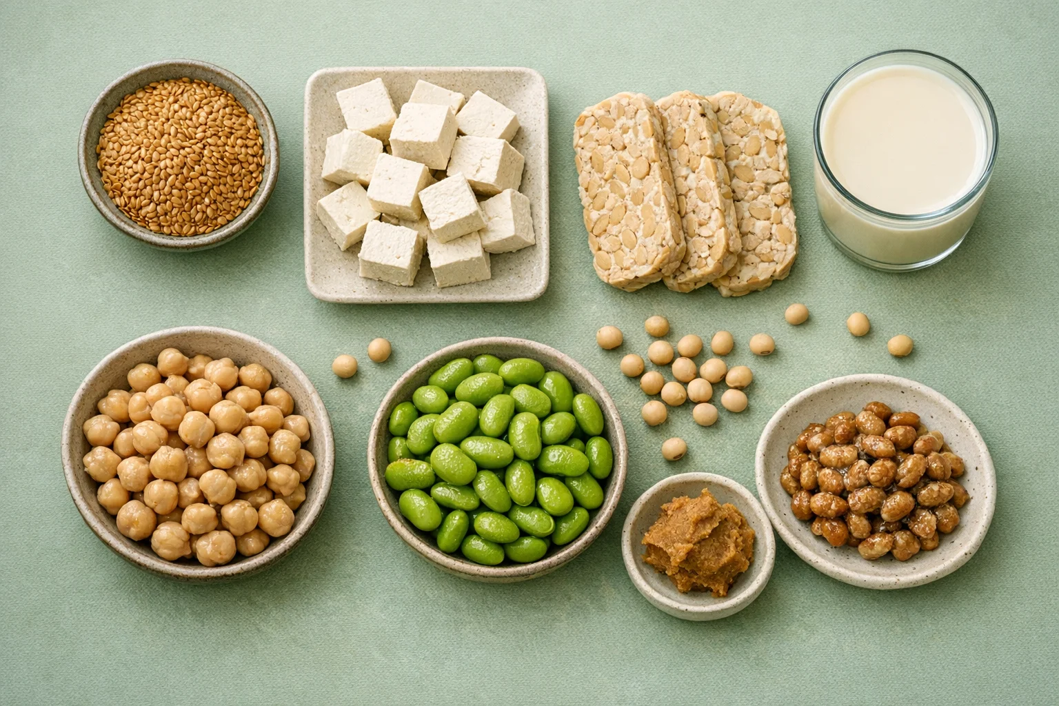 Overhead flat lay of diverse soy products and phytoestrogen-rich foods including flaxseeds chickpeas tofu tempeh soy milk and edamame