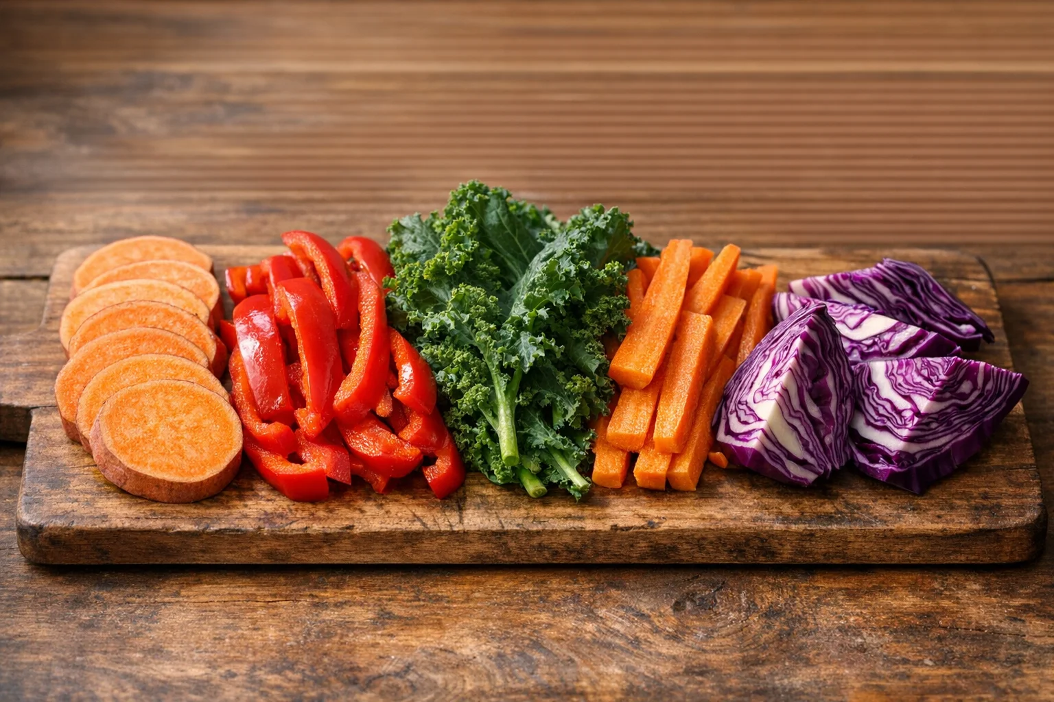 Colorful carotenoid-rich vegetables including orange sweet potatoes, red bell peppers, dark green kale, and purple cabbage arranged on a wooden surface