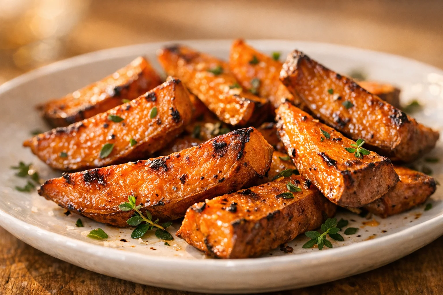 Roasted sweet potato wedges on a white plate, showcasing the orange flesh rich in beta-carotene and vitamin A