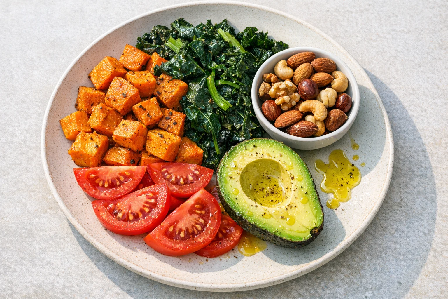 Overhead view of colorful vegetables including orange sweet potato, red tomato, and dark leafy greens paired with avocado and nuts, illustrating the importance of combining vitamin A sources with healthy fats