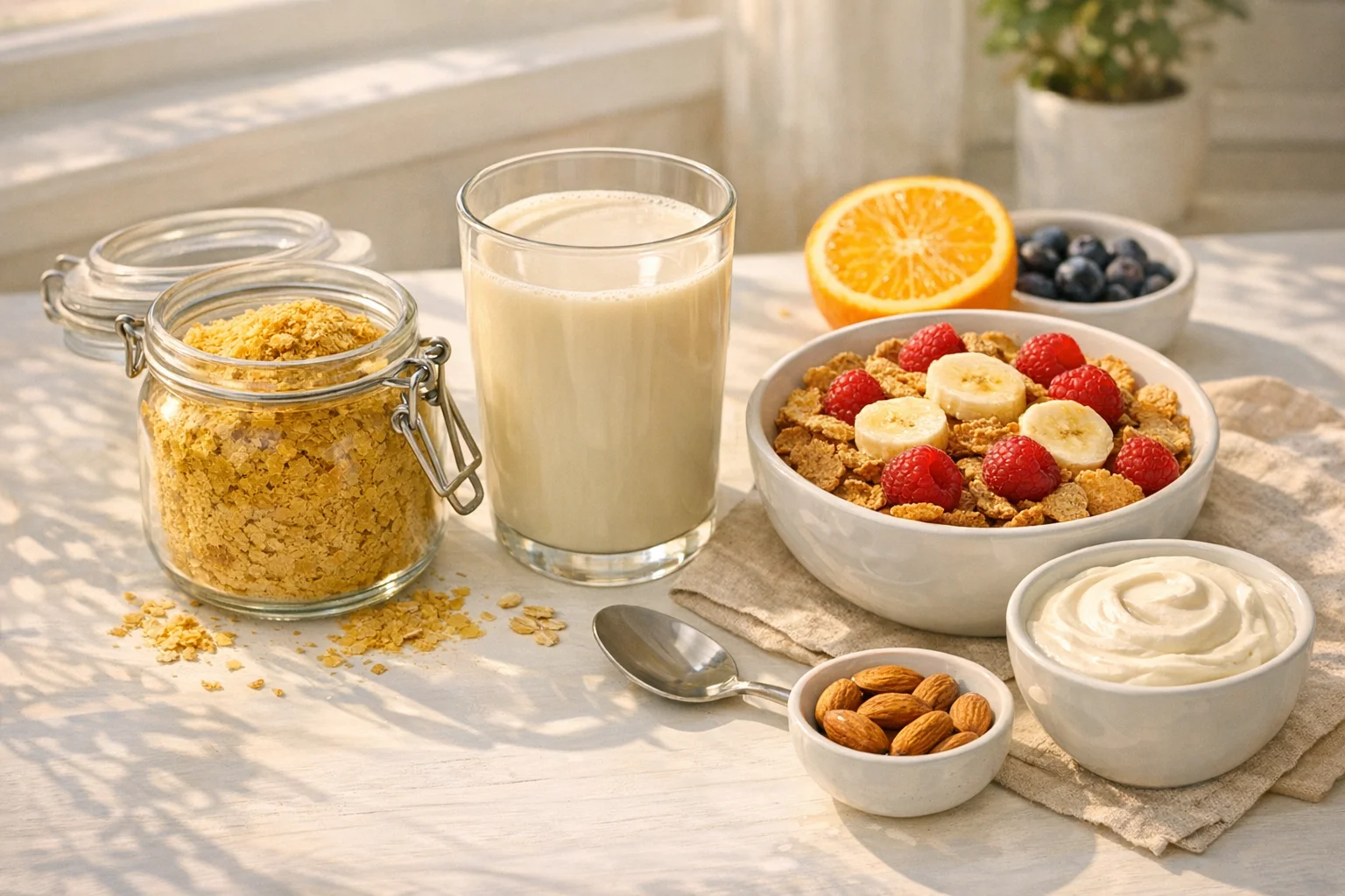 Plant-based B12 fortified foods including nutritional yeast fortified plant milk and fortified cereal on a breakfast table