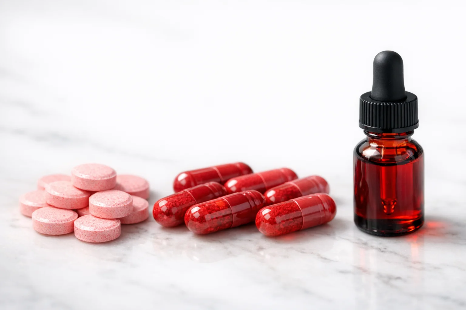 Different forms of vitamin B12 supplements including pills, sublingual drops, and nutritional yeast on a marble surface