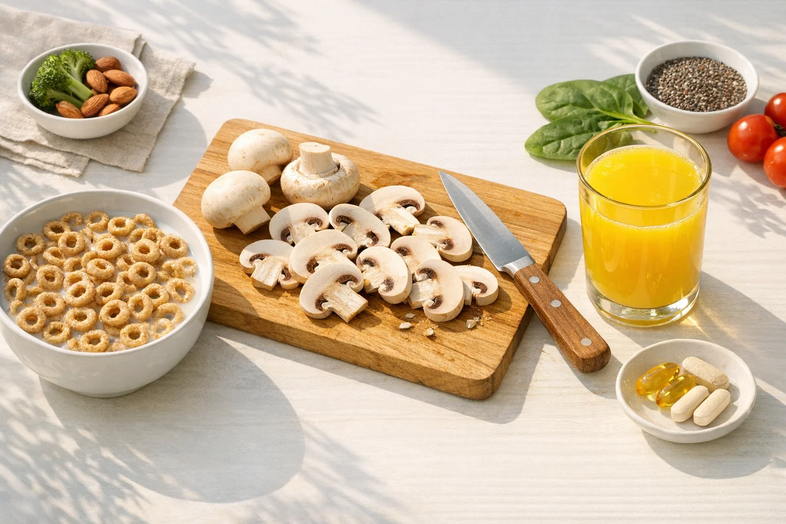 Sunlight streaming through a window onto a table with mushrooms fortified plant milk and vitamin D supplements
