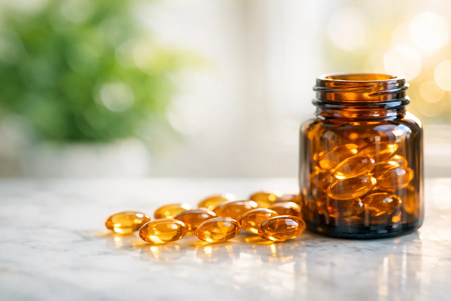 Vegan vitamin D3 supplement bottle made from lichen next to a window with sunlight