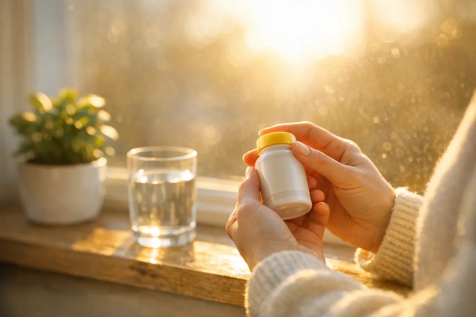 A person checking vitamin D supplement bottle with sunshine through a window representing optimal vitamin D levels