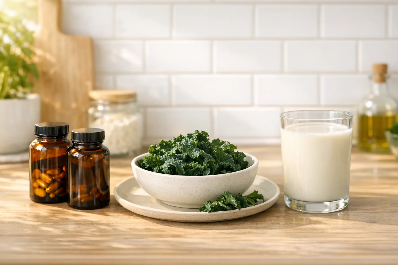 Plant-based vitamin D3 and K2 supplements alongside calcium-rich whole foods on a kitchen counter