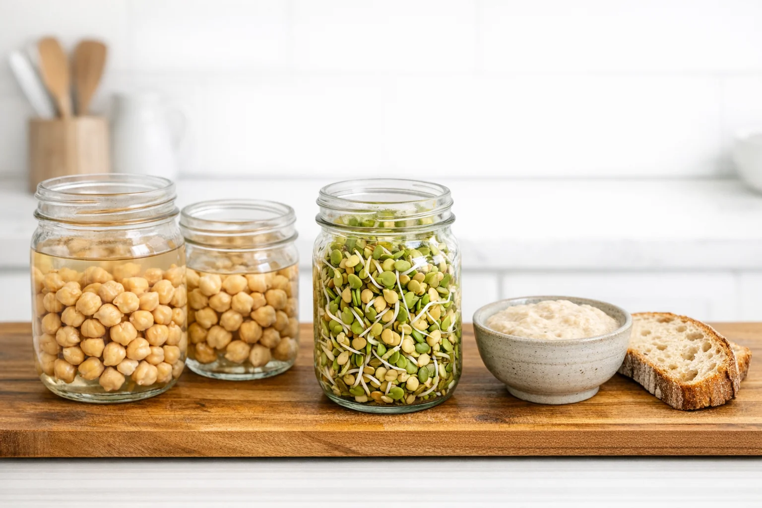 Glass jars with soaking chickpeas and sprouting lentils on a kitchen counter showing zinc absorption techniques
