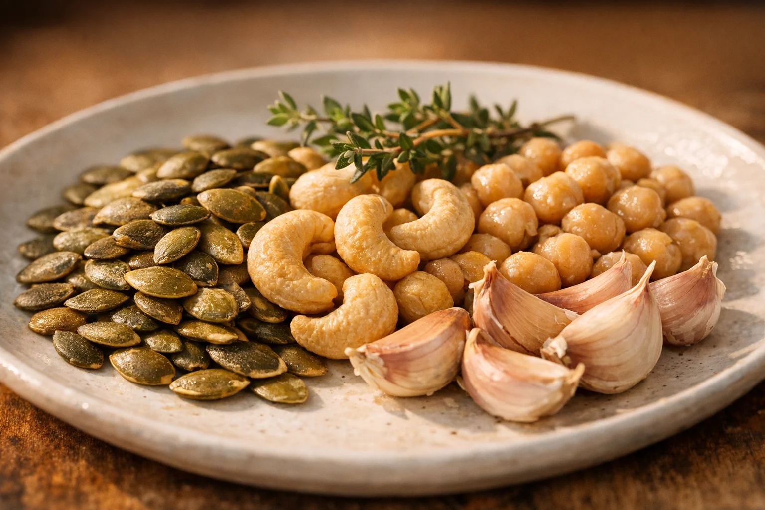 Zinc-rich immune-supporting plant foods including pumpkin seeds, cashews, chickpeas, and garlic on a white plate