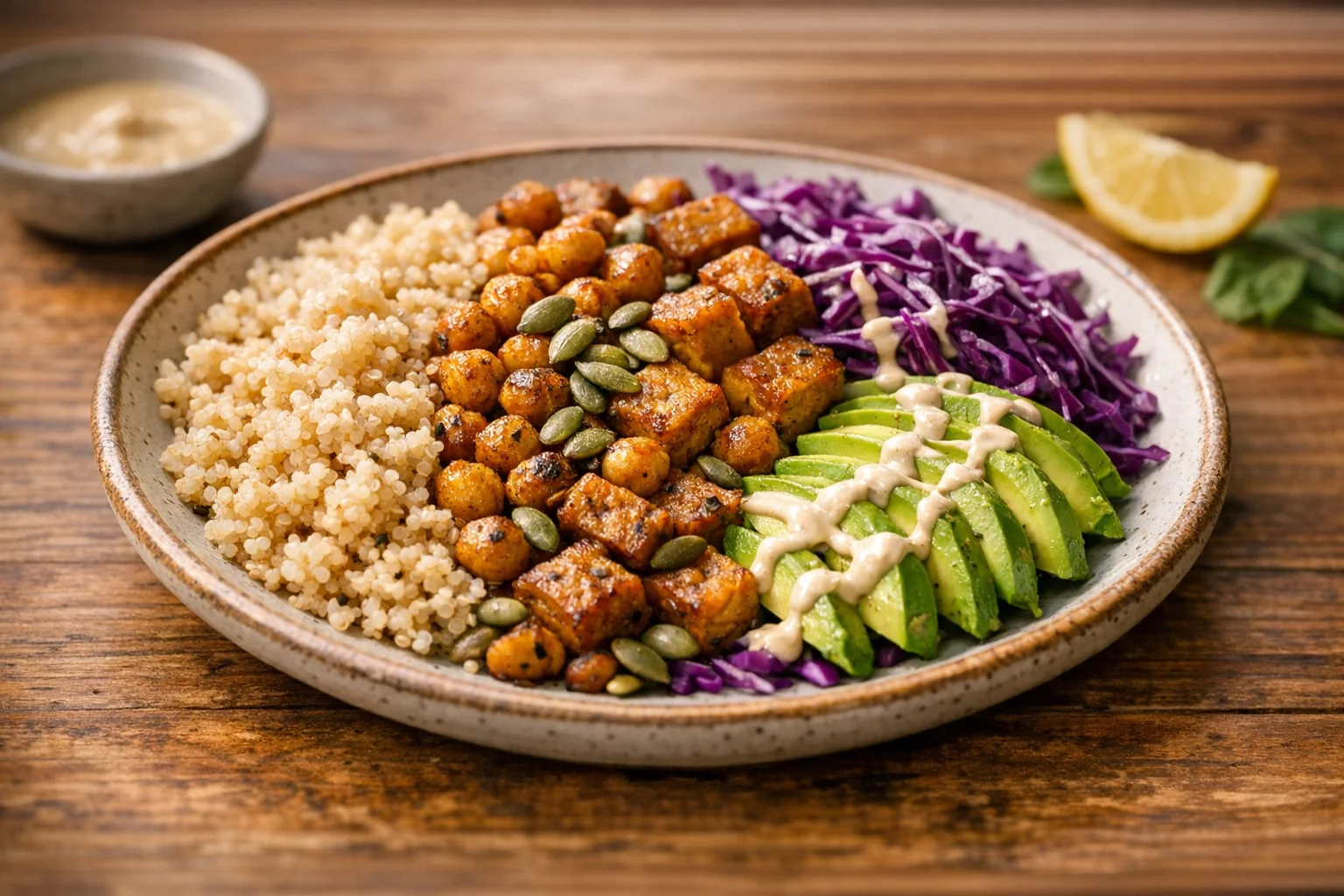A colorful plant-based buddha bowl with quinoa chickpeas pumpkin seeds and tempeh providing a full day of zinc